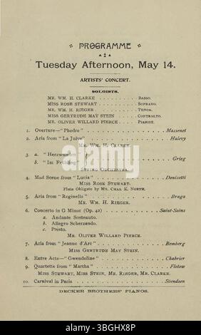 Das 7. Mai Music Festival, das am 13. Mai 1895 in Indianapolis stattfand, beinhaltete Auftritte von Teilnehmern aus dem Maennerchor und der deutsch-amerikanischen Gemeinschaft und betonte den reichen kulturellen Beitrag dieser Gruppen. Stockfoto