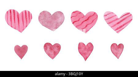 Set aus Aquarellfarben rosa Herzen strukturierte Streifenmuster isolierte handgemalte Wet-Effekt Stockfoto