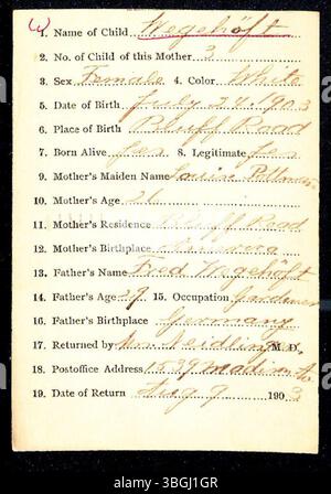 Dieses Dokument enthält Geburtsrückgaben aus Marion County, Indiana, für Nachnamen, die mit W beginnen, von 1882 bis 1907. Diese von Ärzten und Hebammen eingereichten Rückmeldungen wurden dem Gesundheitsministerium des Marion County vorgelegt, das dann Geburtsurkunden ausstellte. Datensätze werden in der Regel nach Nachnamen alphabetisiert, können aber manchmal Fehler aufgrund von Handschrift oder falscher Ablage aufweisen. Geburtsurkunden für die aufgeführten Kinder sind vom Marion County Health Department erhältlich. Stockfoto