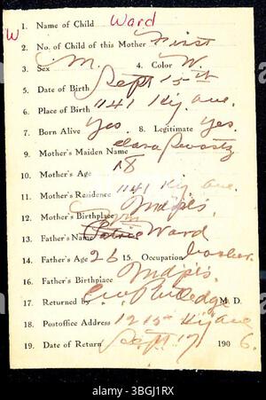 Seite 212 enthält Geburtsrückmeldungen für Kinder mit Nachnamen, die mit W beginnen, im Marion County, Indiana, von 1882 bis 1907. Stockfoto