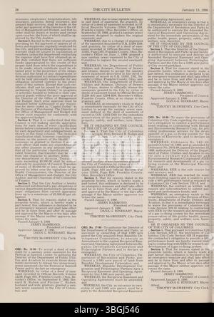 Das Columbus City Bulletin von 1990 enthält die Verordnungen, Beschlüsse, Ausschreibungen, Aktualisierungen des öffentlichen Dienstes und Aktivitäten der Einkaufsbehörde, die die Handlungen aller Stadtverwaltungen widerspiegeln. Stockfoto