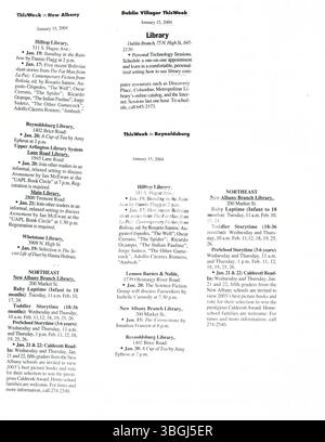 Eine Sammlung von Pressemitteilungen vom Januar 2004, die von Bibliotheken gesponserte Programme, Schließungen, Eröffnungen, Akquisitionen, Jubiläen, und andere wichtige Ereignisse. Diese Veröffentlichungen wurden an lokale Zeitungen, Radio- und Fernsehsender in Columbus verteilt. Stockfoto