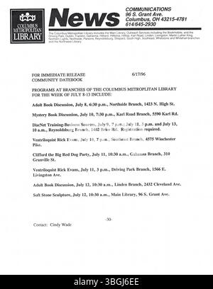 Die *CML Press Releases* vom Juni 1996 ist eine Sammlung von Nachrichten, die von der Columbus Metropolitan Library für lokale Medien veröffentlicht wurden und Veranstaltungen wie Programmeinführungen, Akquisitionen und Schließungen von Bibliotheken betreffen. Stockfoto