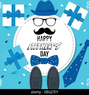 Blaues Vatertag-Grußkartendesign mit Geschenken, Schnurrbart und Krawatte Stock Vektor