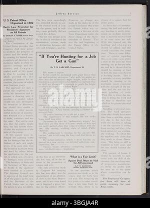 Der Jeffrey Service, ein Newsletter des Unternehmens von 1914 bis 1915, enthält Artikel über die Jeffrey Company, Bergbauausrüstung und Mitarbeiteraktivitäten. Es umfasst gesellschaftliche Veranstaltungen wie Picknicks und Tänze sowie Nachrichten über Mitarbeiter, die sich während des Ersten Weltkriegs gemeldet haben Stockfoto