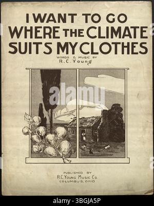 1917 Notencover für „I Want to Go Where the Climate Suits My Clothes“ mit einer afroamerikanischen Frau an einer Kabinentür mit einem Kind im Vordergrund. Stockfoto