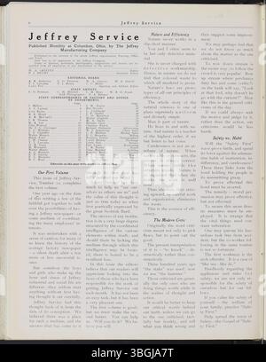 Der Jeffrey Service-Newsletter von 1914-1915 beleuchtet die Aktivitäten, Mitarbeiteraktivitäten und das Kriegsverhalten der Jeffrey Company und enthält Artikel über gesellschaftliche Ereignisse, Picknicks und Kriegseinsätze mit zahlreichen Fotos. Stockfoto