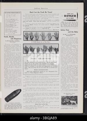 Der Jeffrey Service-Newsletter von 1914 bis 1915 behandelt die Aktivitäten der Jeffrey Company, Mitarbeiterveranstaltungen und enthält kriegsbezogene Neuigkeiten, Meldungen über die Einschreibung von Mitarbeitern sowie Fotos von Werksbetrieben und Arbeitern. Stockfoto