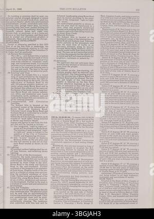 Diese Seite des Columbus City Bulletins 1990 enthält die Verfahren der Stadt, erlassene Verordnungen, Notizen des öffentlichen Dienstes, Aktivitäten im Kaufausschuss und Werbung für Angebote und Angebote. Stockfoto