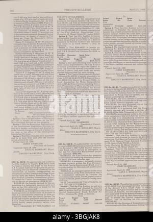 Dieser Abschnitt des Columbus City Bulletins 1990 enthält die Verfahren der Stadt, erlassene Verordnungen, Aktualisierungen des öffentlichen Dienstes, Aktivitäten im Kaufausschuss und Werbung für Angebote und Angebote. Stockfoto