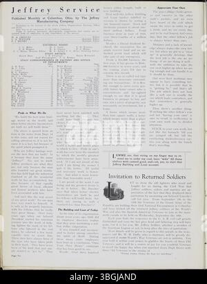 Der Jeffrey Service Volume 6, von September 1919 bis August 1920, setzte seinen Fokus auf Unternehmensnachrichten, Bergbauausrüstung und Mitarbeiterleben fort. Sie betraf auch gesellschaftliche Veranstaltungen und Aktivitäten, einschließlich Sportgruppen und Versammlungen. Die Auswirkungen des Ersten Weltkriegs werden deutlich in dem Fokus des Magazins auf Kriegsnachrichten, die Einstellung von Mitarbeitern und lokale Beteiligung an den Kriegsanstrengungen. Stockfoto