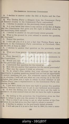 Eine Sammlung von Transkripten der Ohio UN-American Activities Commission aus dem Jahr 1954 über Zeugenaussagen von Personen, die der kommunistischen Beteiligung verdächtigt wurden, in den Jahren 1953 bis 1954. Stockfoto