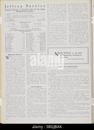 Der Jeffrey Service, ein Unternehmensrundbrief aus dem Jahr 1914, enthält Artikel über die Jeffrey Company, ihre Bergbauausrüstung und das Leben der Mitarbeiter sowie gesellschaftliche Ereignisse und Kriegsnachrichten. Stockfoto
