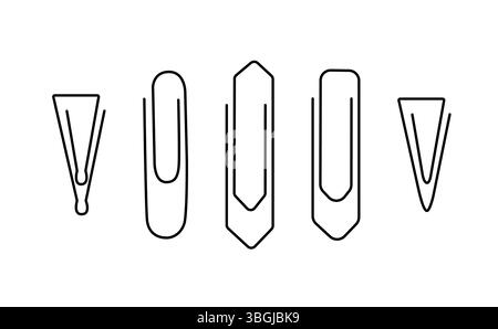 Büroklammern Set, einfache minimalistische handgezeichnete Umrissvektor Illustration, Schreibwaren Element, Schul- oder Bürobedarf zum Binden von Papierdokumenten, fa Stock Vektor