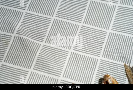 Minimalistisches Top-Down-Bild, das die Ecke des getrockneten Fischs auf einem Stoff mit einem grauen geometrischen Streifenmuster zeigt. Stockfoto