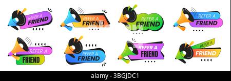Vektorsatz für Empfehlungsabzeichen. Aufkleber für das Empfehlungsprogramm für Mitarbeiter. Bunte Sprechblasen mit Megaphon. Marketing-Design-Etiketten, Werbeschilder für Empfehlungen oder Unternehmensnetzwerk Stock Vektor
