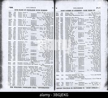 Das Telefonverzeichnis der Columbus Central Union 1908 enthält alphabetische Auflistungen der Einwohner und Unternehmen der Region Columbus, einschließlich Grove City, Hilliard, Linden, Westerville, und West Jefferson. Stockfoto