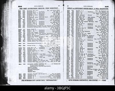 Das Telefonverzeichnis der Columbus Central Union 1908 enthält Namen von Haushalten und Unternehmen aus Columbus und den umliegenden Städten, alphabetisch nach Nachnamen geordnet und nach Region geordnet. Stockfoto