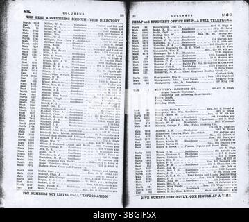 Oktober 1908 Columbus Central Union Telefonverzeichnis, in dem Namen der abonnierten Haushalte und Unternehmen in Columbus und den umliegenden Städten in alphabetischer Reihenfolge aufgeführt sind. Stockfoto
