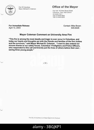Diese Sammlung enthält Pressemitteilungen aus dem Büro von Bürgermeister Michael Coleman im Jahr 2003. Coleman war der 52. Bürgermeister von Columbus, Ohio, und bekleidete vier Amtszeiten vom 1. Januar 2000 bis zum 1. Januar 2016. Er war der erste afroamerikanische Bürgermeister der Stadt und erhielt 2014 die Auszeichnung, der am längsten dienende Bürgermeister in der Geschichte von Columbus zu sein. Coleman war zuvor Mitglied des Stadtrates von Columbus. Stockfoto
