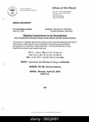 Pressemitteilungen des Büros von Bürgermeister Michael Coleman im Jahr 2005, in denen wichtige politische Entscheidungen, Stadtentwicklungen und neue Initiativen für Columbus beschrieben wurden. Stockfoto