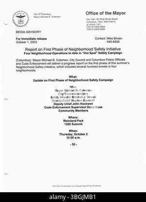 Diese Serie von 2003 Pressemitteilungen aus dem Büro von Bürgermeister Michael Coleman zeigt wichtige politische Aktionen und Updates für die Stadt Columbus auf. Von 2000 bis 2016 war Coleman der erste afroamerikanische Bürgermeister, der das Amt innehatte und der am längsten dienende Bürgermeister der Stadtgeschichte. Stockfoto
