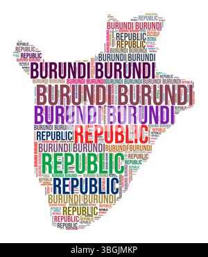 Burundi Country Form Wortwolke. Typografie-Stil Länderdarstellung. Burundi-Bild im Textwolkenstil. Vektorabbildung. Stock Vektor