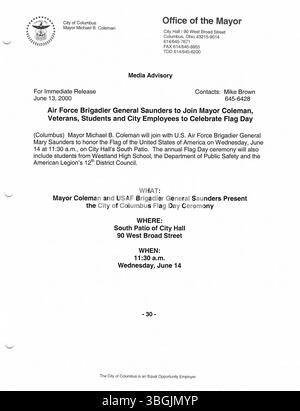 Diese Sammlung enthält Pressemitteilungen, die 2000 vom Büro des Bürgermeisters Michael Coleman produziert wurden, in denen er seine Arbeit als erster afroamerikanischer Bürgermeister von Columbus, Ohio, und seine Leistungen während seiner Amtszeit als Bürgermeister von 2000 bis 2016 beschreibt. Stockfoto