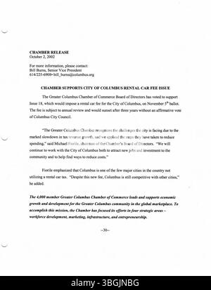 Pressemitteilungen des Büros von Bürgermeister Michael Coleman im Jahr 2002. Coleman war von 2000 bis 2016 Bürgermeister von Columbus, Ohio, und schrieb Geschichte als erster afroamerikanischer Bürgermeister der Stadt. Zuvor war er von 1997 bis 1999 Präsident des Stadtrates von Columbus. Seine Amtszeit als Bürgermeister war die längste in der Geschichte von Columbus. Stockfoto