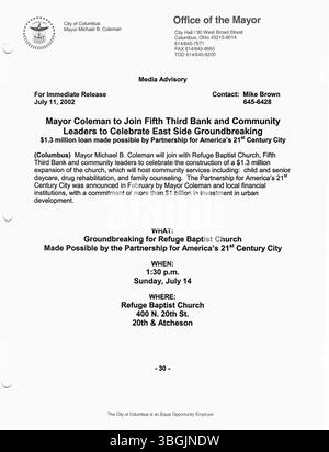 Das Büro des Bürgermeisters Michael Coleman veröffentlichte 2002 Pressemitteilungen über seine Arbeit als erster afroamerikanischer Bürgermeister von Columbus, Ohio, einschließlich bedeutender politischer Initiativen und Errungenschaften während seiner vier Amtszeit. Stockfoto