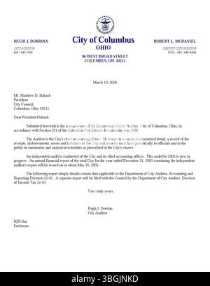 Der Jahresbericht 2005 der Stadt Columbus (Seite 35) enthält eine finanzielle Zusammenfassung der Einnahmen, Ausgaben und offiziellen Berichte des Committee of Ways and Means, des City Clerk und des City Treasurer. Stockfoto