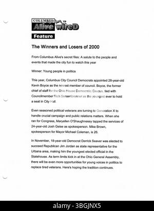 Eine Sammlung von 2000 Pressemitteilungen aus dem Büro des Bürgermeisters Michael B. Coleman in den ersten Monaten seiner Amtszeit als Columbus’s erster afroamerikanischer Bürgermeister. Stockfoto