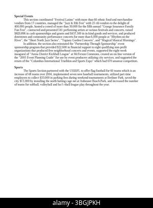 Diese Seite des Jahresberichts der Stadt Columbus 2005 enthält detaillierte Finanzinformationen, einschließlich Einnahmen, Ausgaben und Berichte des Komitees der Wege und Mittel, des Stadtschatzers und des Stadtschatzmeisters. Stockfoto