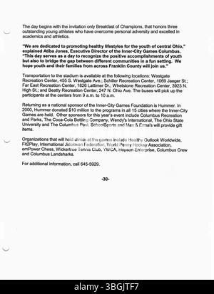 Diese Sammlung enthält Pressemitteilungen aus dem Jahr 2002, die vom Büro des Bürgermeisters Michael Coleman herausgegeben wurden, der als erster afroamerikanischer Bürgermeister von Columbus diente. Colemans Amtszeit als Bürgermeister erstreckte sich von 2000 bis 2016, mit bemerkenswerten Leistungen in der lokalen Verwaltung und der Führung der Gemeinden. Stockfoto