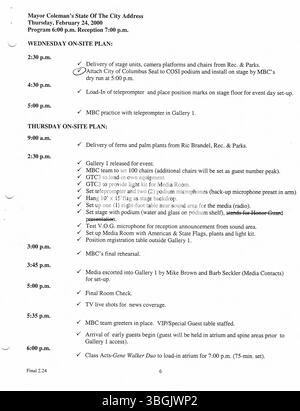 Diese Sammlung von Pressemitteilungen aus dem Büro von Bürgermeister Michael Coleman im Jahr 2000 unterstreicht die Amtszeit und Führung des Bürgermeisters. Coleman war vom 1. Januar 2000 bis zum 1. Januar 52 Bürgermeister von Columbus, Ohio. 2016 war er der erste afroamerikanische Bürgermeister der Stadt und war vor seiner Wahl zum Bürgermeister Präsident des Stadtrates von Columbus. 2014 wurde er der am längsten dienende Bürgermeister in der Geschichte von Columbus. Stockfoto