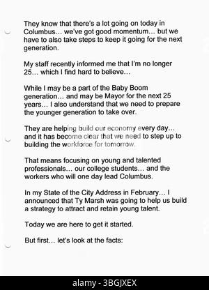 Das Büro von Bürgermeister Michael Coleman veröffentlichte 2006 mehrere Pressemitteilungen, in denen er seine wichtige Rolle als 52. Bürgermeister von Columbus betonte. Coleman, ein Afroamerikaner, war von 2000 bis 2016 Bürgermeister. Seine vier Amtszeiten waren geprägt von politischer Führung und historischen Errungenschaften, darunter die Ernennung zum am längsten dienenden Bürgermeister in Columbus. Stockfoto