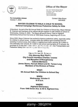 Diese Sammlung enthält Pressemitteilungen aus dem Büro von Bürgermeister Michael Coleman im Jahr 2003. Coleman war von 2000 bis 2016 52. Bürgermeister von Columbus, Ohio, und wurde der am längsten dienende Bürgermeister in der Geschichte der Stadt. Er war der erste Afroamerikaner, der das Amt innehatte und war zuvor Mitglied des Stadtrates von Columbus, unter anderem von 1997 bis 1999 Präsident. Stockfoto