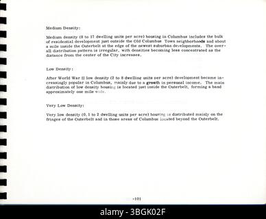 Die Columbus Landnutzungsstudie von 1973 beschreibt die bestehenden Landnutzungsmerkmale und Zukunftsprognosen in der Metropolregion Columbus und untersucht zehn Kategorien: Gewerbe, Büros, institutionelle Einrichtungen, Verkehr, Freiraum, Wohn-, Industrie- und Bergbau, Landwirtschaft, leeres Land und Wasser. Stockfoto