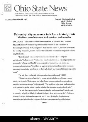 Pressemitteilungen aus dem Jahr 2002, produziert von Bürgermeister Michael B. Coleman, in denen er seine Führung in Columbus, Ohio, zeigte, wo er der erste afroamerikanische Bürgermeister wurde und die längste Amtszeit in der Geschichte der Stadt bis 2016 innehatte. Stockfoto