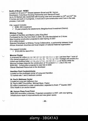 Dies ist eine Pressemitteilung aus dem Jahr 2006, die vom Büro von Bürgermeister Michael Coleman, dem 52. Bürgermeister von Columbus, Ohio, produziert wurde. Coleman, der erste afroamerikanische Bürgermeister, war von 2000 bis 2016 der am längsten dienende Bürgermeister in der Geschichte der Stadt. Die Veröffentlichung hebt seine Arbeit, seine politischen Beiträge und seine Zugehörigkeit zur Demokratischen Partei hervor. Stockfoto