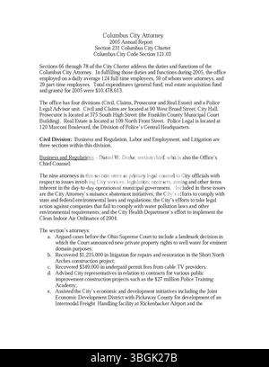 Auf dieser Seite des Jahresberichts der Stadt Columbus 2005 werden die Einnahmen und Ausgaben der Stadt vorgestellt. Sie enthält wichtige Berichte des Komitees der Wege und Mittel, des Stadtschatzers und des Stadtschatzmeisters, die Einblicke in die Haushaltsentscheidungen und die Haushaltszuweisungen der Stadt geben. Stockfoto