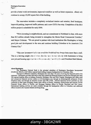 Pressemitteilungen aus dem Büro von Bürgermeister Michael Coleman im Jahr 2002, in denen er seine Handlungen und Mitteilungen bezüglich Stadtverwaltung, Politik und öffentlicher Initiativen in Columbus, Ohio, dokumentierte. Stockfoto