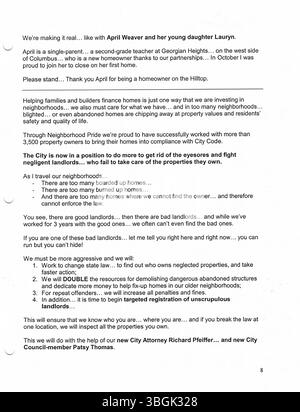 Im Jahr 2003 veröffentlichte das Büro von Bürgermeister Michael Coleman offizielle Erklärungen zu wichtigen Themen der Governance und Stadtverwaltung. Als 52. Bürgermeister von Kolumbus führte Coleman mit einem Schwerpunkt auf öffentlichem Dienst, Wirtschaftswachstum und Gemeindevertretung. Als erster afroamerikanischer Bürgermeister von Columbus hat er seine umfassende Führung und seinen Einfluss auf die lokale Politik und die Infrastrukturentwicklung. Stockfoto