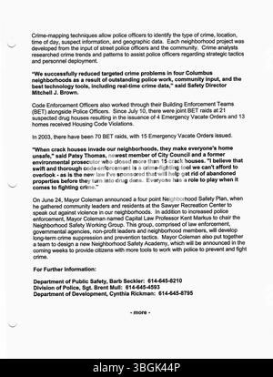 Diese Pressemitteilung aus dem Jahr 2003 spiegelt Mitteilungen aus dem Büro von Bürgermeister Michael Coleman wider, einschließlich wichtiger politischer und kommunaler Ankündigungen. Coleman, der erste afroamerikanische Bürgermeister von Columbus, bekleidete von 2000 bis 2016 vier Amtszeiten, was die Auszeichnung als der am längsten dienende Bürgermeister in der Geschichte der Stadt erreichte. Stockfoto