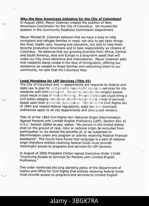 Diese Sammlung enthält Pressemitteilungen aus dem Büro von Bürgermeister Michael Coleman im Jahr 2003, in denen verschiedene Initiativen und Errungenschaften während seiner Amtszeit als 52. Bürgermeister von Columbus, Ohio, beschrieben werden. Coleman war der erste afroamerikanische Bürgermeister von Columbus und hatte vier Amtszeiten inne, die die Politik der Stadt prägten und mit der Gemeinde in Kontakt traten. Stockfoto