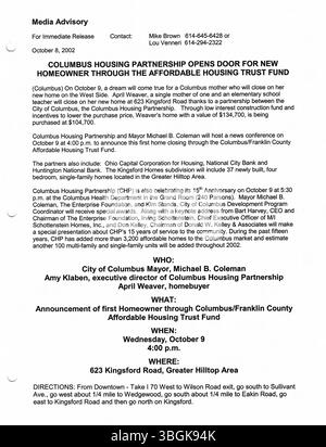 Diese Sammlung enthält Pressemitteilungen aus dem Jahr 2002, die vom Büro des Bürgermeisters Michael Coleman produziert wurden. Coleman war von 2000 bis 2016 52. Bürgermeister von Columbus, Ohio, und war der erste Afroamerikaner, der das Amt innehatte. Zuvor war er Mitglied des Stadtrates von Columbus und dessen Präsident. Coleman schrieb 2014 Geschichte als Bürgermeister in Columbus. Stockfoto