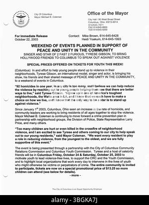 Diese Pressemitteilung des Bürgermeisters Michael Coleman aus dem Jahr 2003 gibt Einblicke in seine politischen Prioritäten und die Initiativen, die er während seiner Zeit als Bürgermeister von Columbus verfolgte. Coleman war von 2000 bis 2016 der erste afroamerikanische Bürgermeister von Ohio. Stockfoto