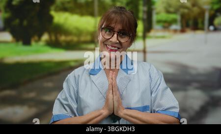 Hispanische Seniorin in Uniform, meditiert mit Händen zusammen in einem Park, repräsentiert Frieden und Hingabe im Freien. Stockfoto