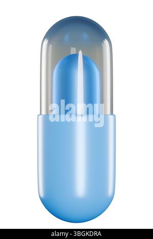 Blaue Kapselpille mit transparenter Oberseite, die innere blaue Tablette freigibt, isoliert auf weißem Hintergrund. 3D-Rendering Stockfoto