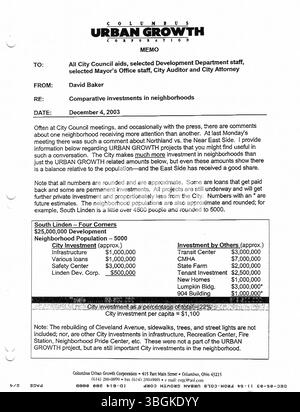 Die Pressemitteilungen aus dem Büro von Bürgermeister Michael Coleman aus dem Jahr 2003 dokumentieren die politische und administrative Arbeit, die unter seiner Führung als 52. Bürgermeister von Columbus, Ohio, geleistet wurde und wichtige gesetzgeberische und politische Fragen behandelt. Stockfoto